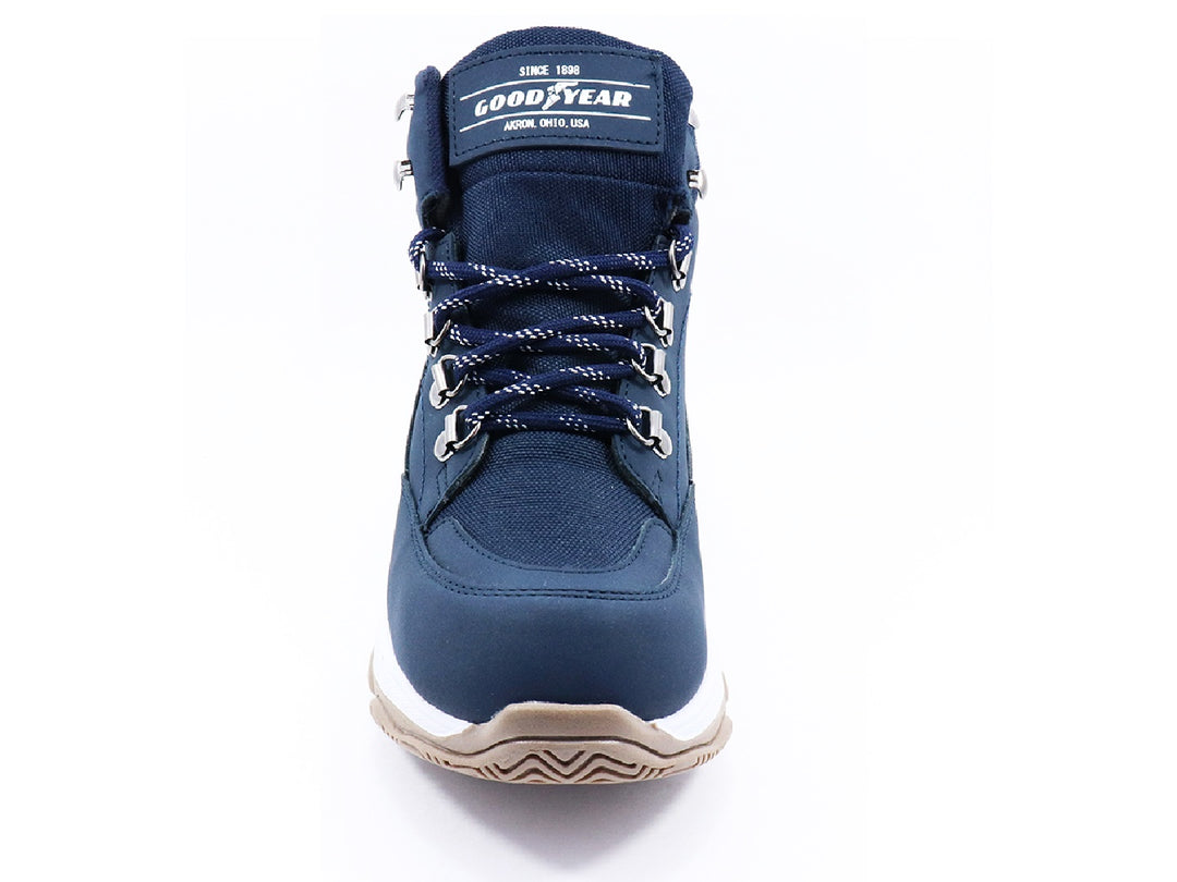 Botas Goodyear color azul denim con suela blanca y beige para mujer.