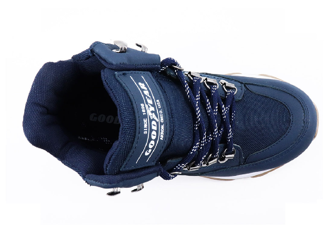 Botas Goodyear color azul denim con suela blanca y beige para mujer.