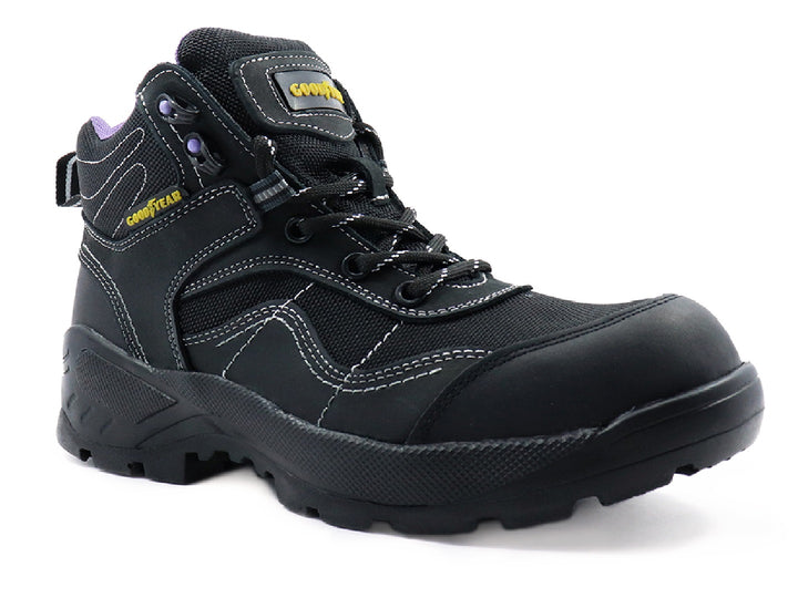 Botas de seguridad Goodyear Half Track para mujer en color negro con detalles morados y costuras blancas.