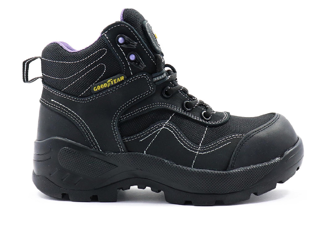 Botas de seguridad Goodyear Half Track para mujer en color negro con detalles morados y costuras blancas.