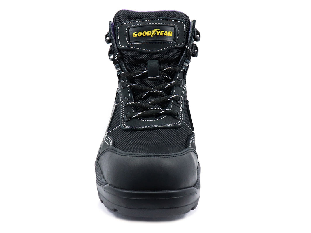 Botas de seguridad Goodyear Half Track para mujer en color negro con detalles morados y costuras blancas.