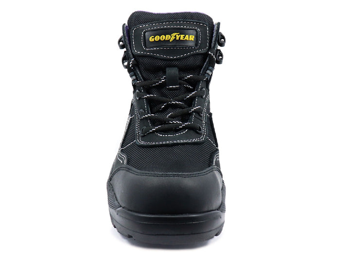 Botas de seguridad Goodyear Half Track para mujer en color negro con detalles morados y costuras blancas.