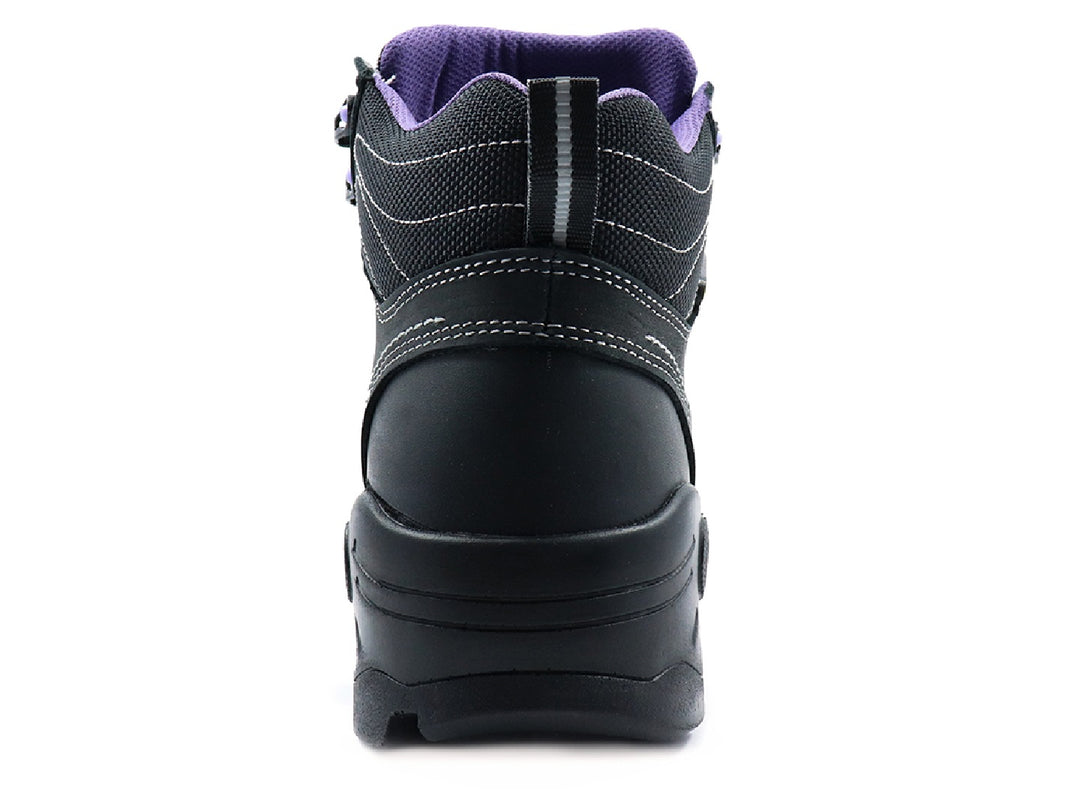 Botas de seguridad Goodyear Half Track para mujer en color negro con detalles morados y costuras blancas.
