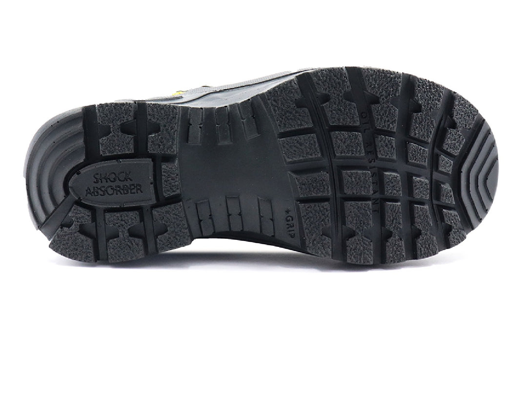 Botas de seguridad Goodyear Half Track para mujer en color negro con detalles morados y costuras blancas.