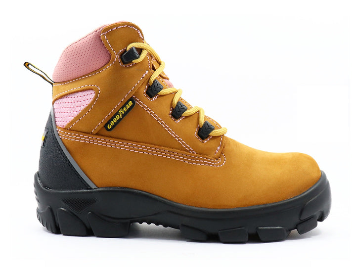 Botas de seguridad Goodyear color miel con detalles en rosa y suela negra para mujer.
