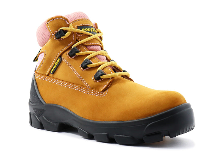 Botas de seguridad Goodyear color miel con detalles en rosa y suela negra para mujer.