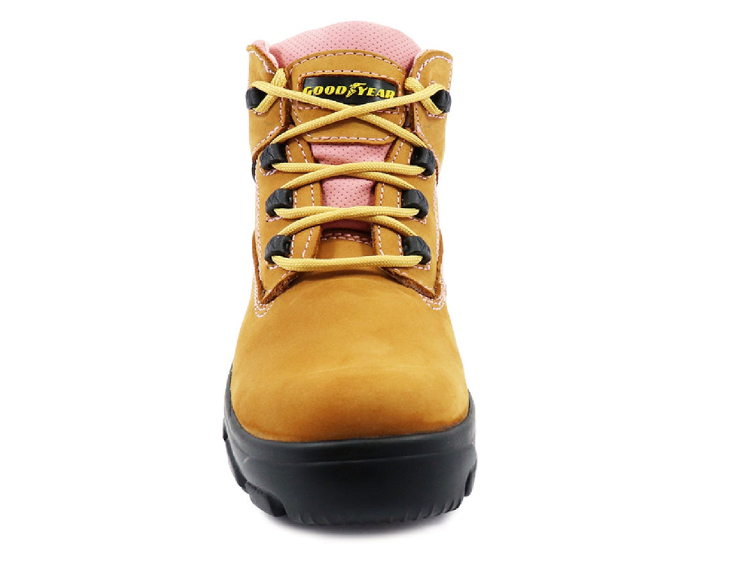 Botas de seguridad Goodyear color miel con detalles en rosa y suela negra para mujer.
