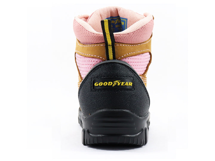 Botas de seguridad Goodyear color miel con detalles en rosa y suela negra para mujer.