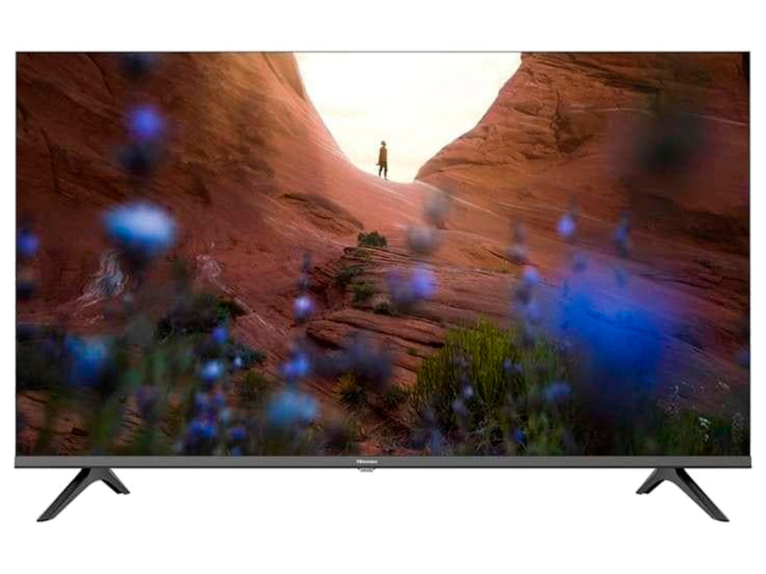 Televisor Hisense de 43 pulgadas color negro con pantalla plana y soportes laterales.