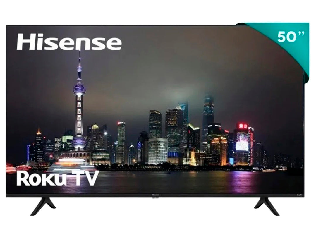 Televisor LED Hisense de 50 pulgadas, color negro, con pantalla UHD 4K y sistema Roku TV.