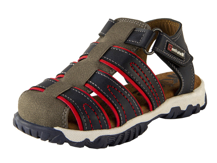 Sandalias para niño Confratelli color marino con detalles en rojo y suela blanca.