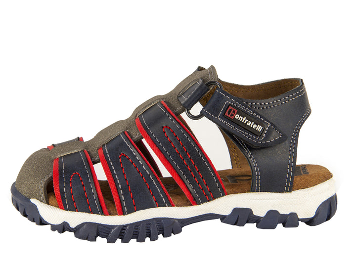 Sandalias para niño Confratelli color marino con detalles en rojo y suela blanca.