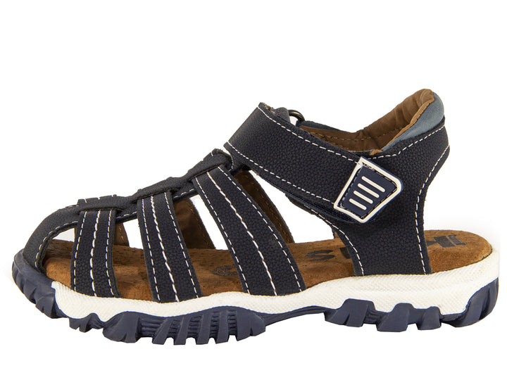 Sandalias para niño Confratelli color marino con suela blanca y correas de velcro.