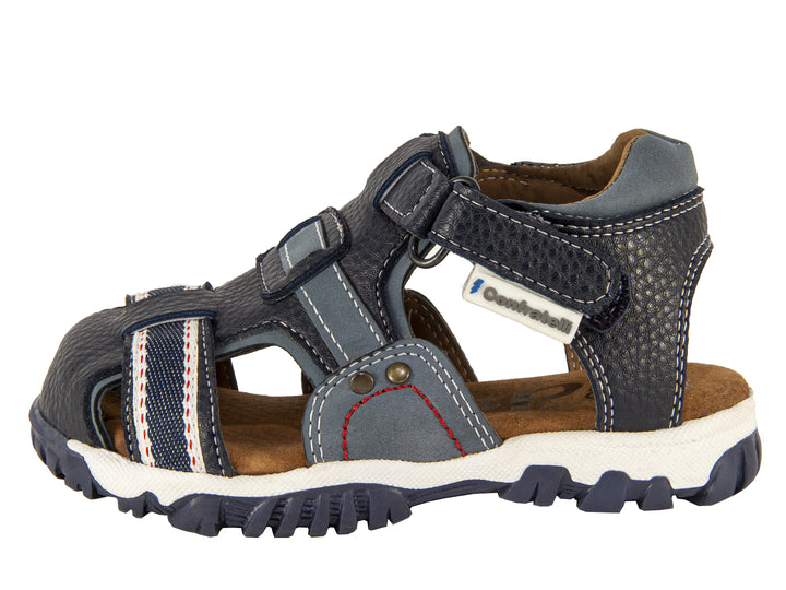Sandalias para niño Confratelli color azul marino con suela blanca y cierres de velcro.