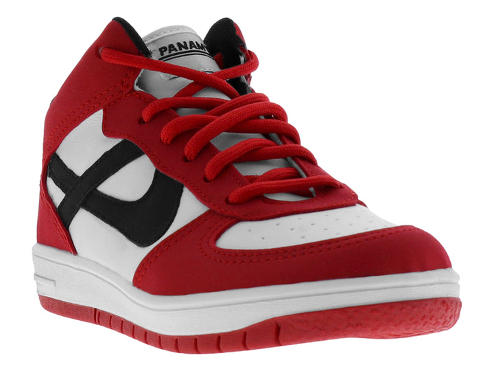 Tenis botín para Niño en colores rojo y blanco con logotipo negro y agujetas rojas.