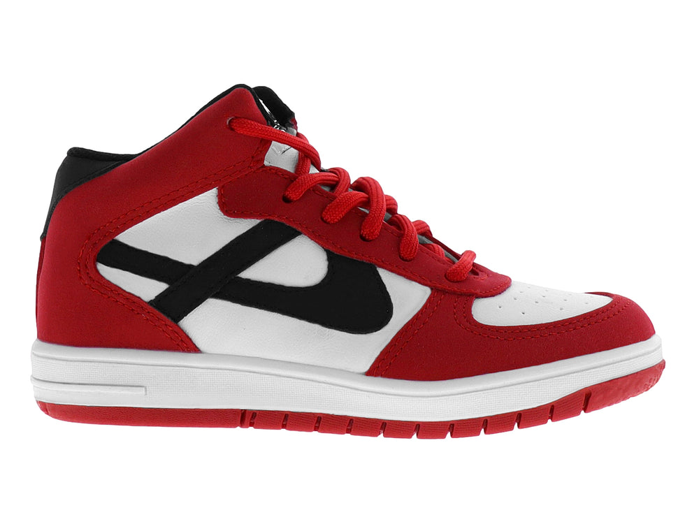 Tenis botín para Niño en colores rojo y blanco con logotipo negro y agujetas rojas.