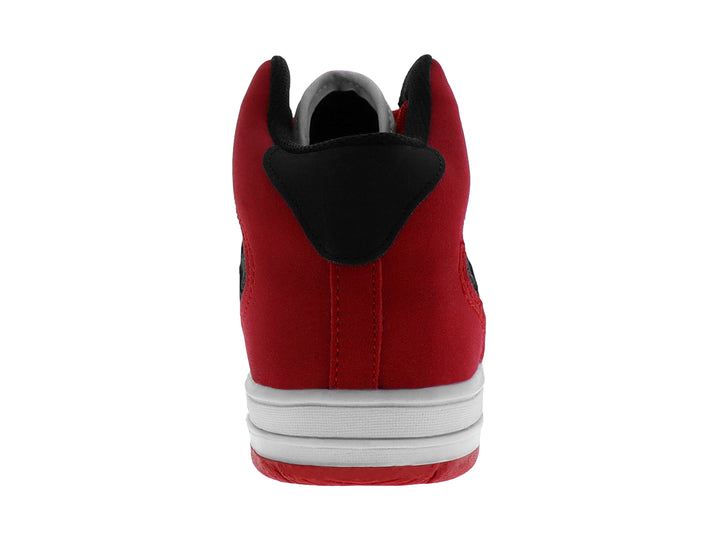 Tenis botín para Niño en colores rojo y blanco con logotipo negro y agujetas rojas.