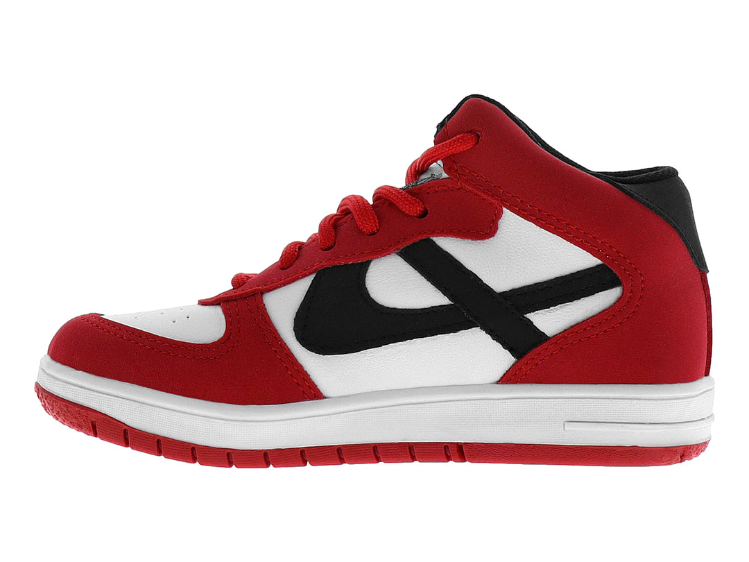 Tenis botín para Niño en colores rojo y blanco con logotipo negro y agujetas rojas.