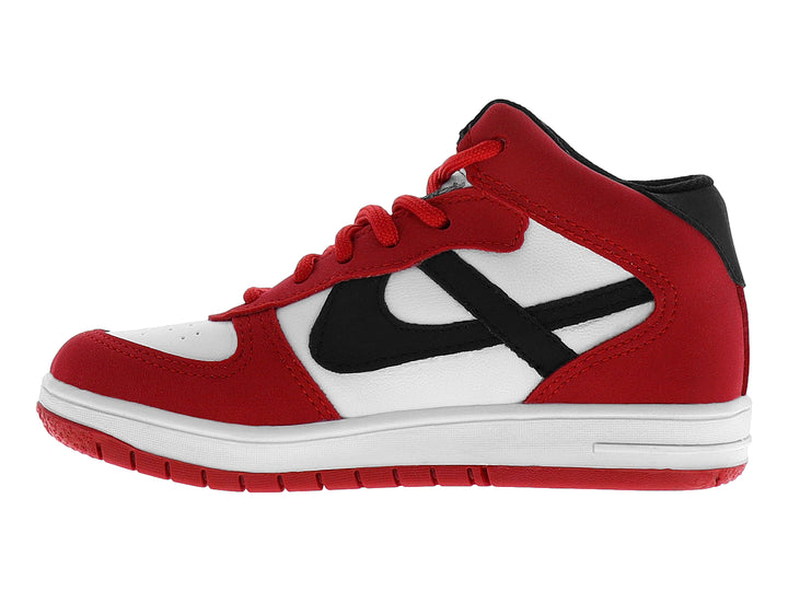 Tenis botín para Niño en colores rojo y blanco con logotipo negro y agujetas rojas.