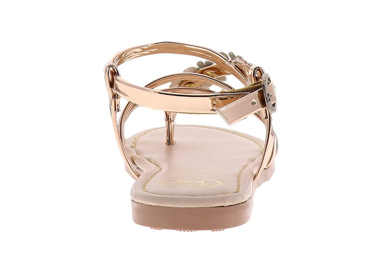 Sandalia para niña en color oro rosado con tiras brillantes y adornos de flores con pedrería.