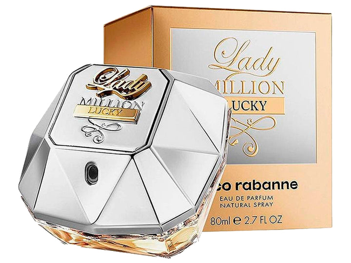 Perfume Paco Rabanne Lady Million Lucky en frasco con forma de diamante plateado y dorado con su caja.