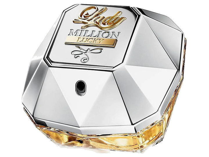Perfume Paco Rabanne Lady Million Lucky en frasco con forma de diamante plateado y dorado con su caja.