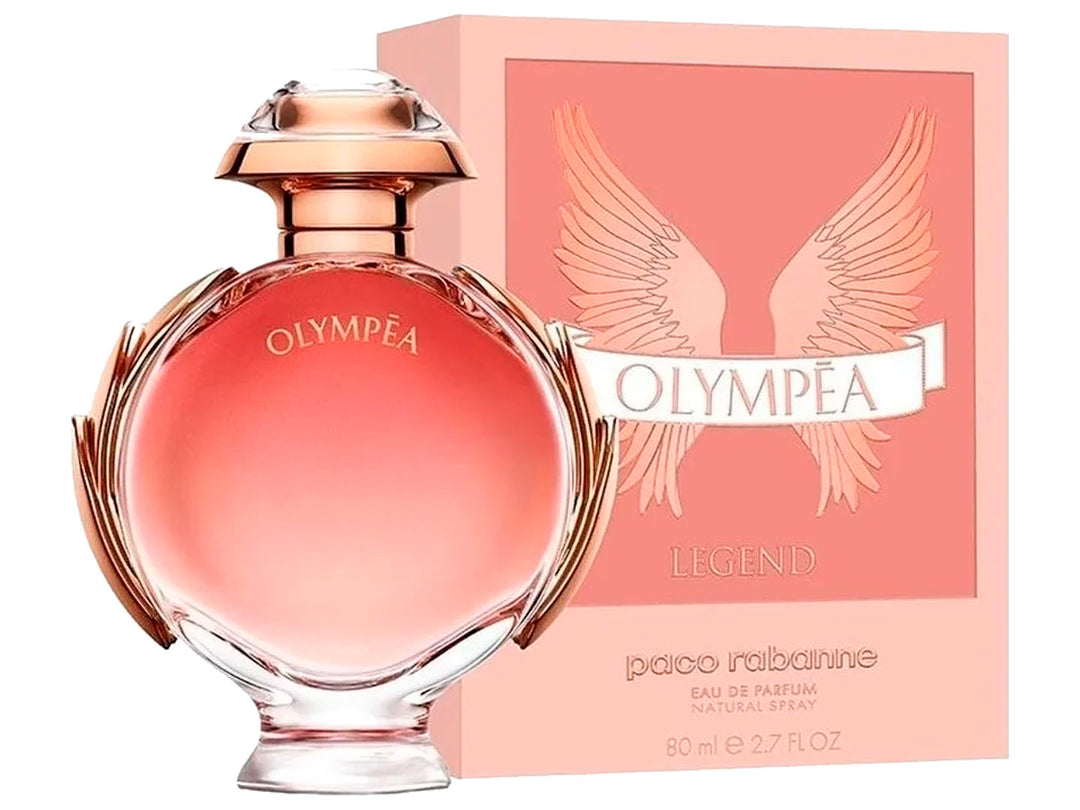 Perfume Paco Rabanne Olympea Legend en frasco rosa con detalles dorados y su caja correspondiente.