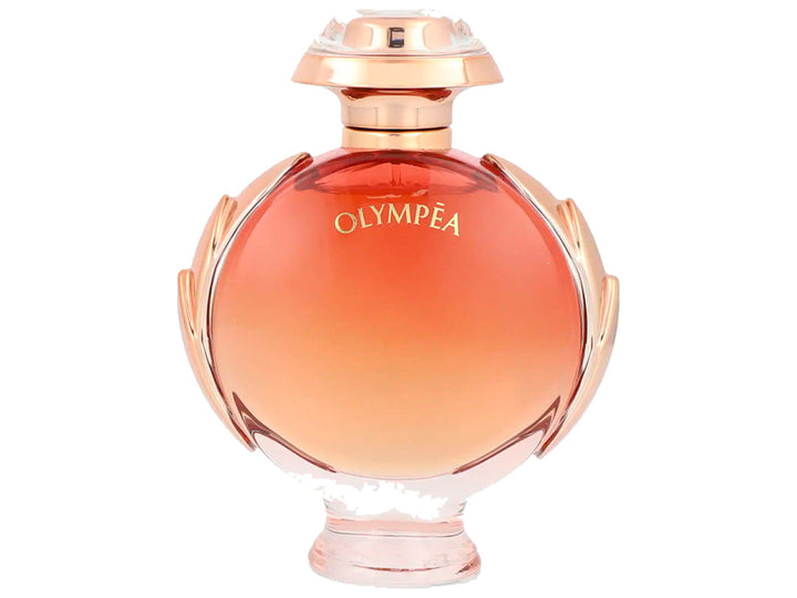 Perfume Paco Rabanne Olympea Legend en frasco rosa con detalles dorados y su caja correspondiente.