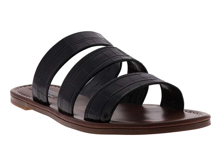 Sandalias negras para mujer con tres tiras anchas y suela plana en color marrón oscuro.