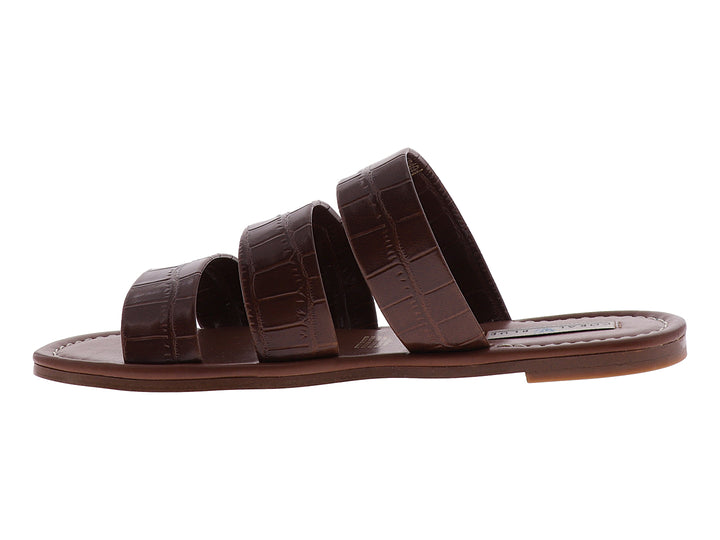 Sandalias color brandy para mujer con tres tiras anchas y textura de piel de cocodrilo.
