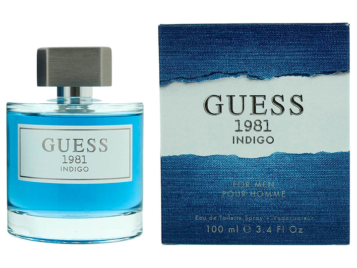 Botella y caja de perfume Guess 1981 Indigo para hombre en color azul y blanco.