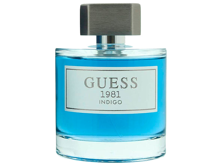 Botella y caja de perfume Guess 1981 Indigo para hombre en color azul y blanco.