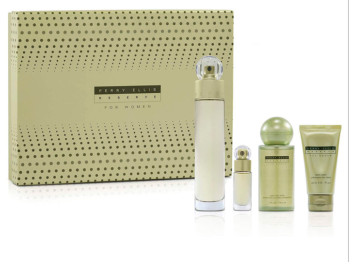 Set de perfume Perry Ellis Reserve para mujer en color dorado pálido con tres productos y caja decorada.