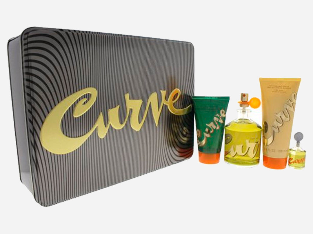 Set de fragancias Curve para Hombre que incluye estuche negro, perfume y productos complementarios en tonos amarillo y verde.