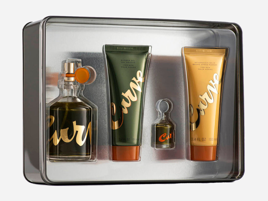 Set de fragancias Curve para Hombre que incluye estuche negro, perfume y productos complementarios en tonos amarillo y verde.