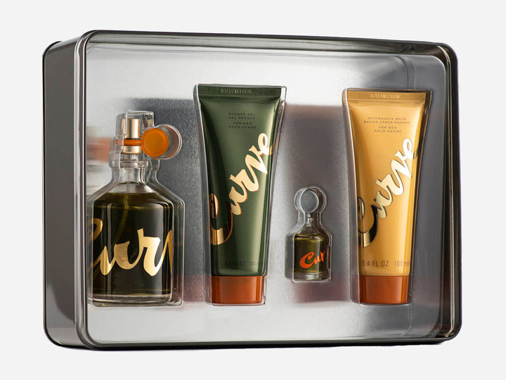 Set de fragancias Curve para Hombre que incluye estuche negro, perfume y productos complementarios en tonos amarillo y verde.