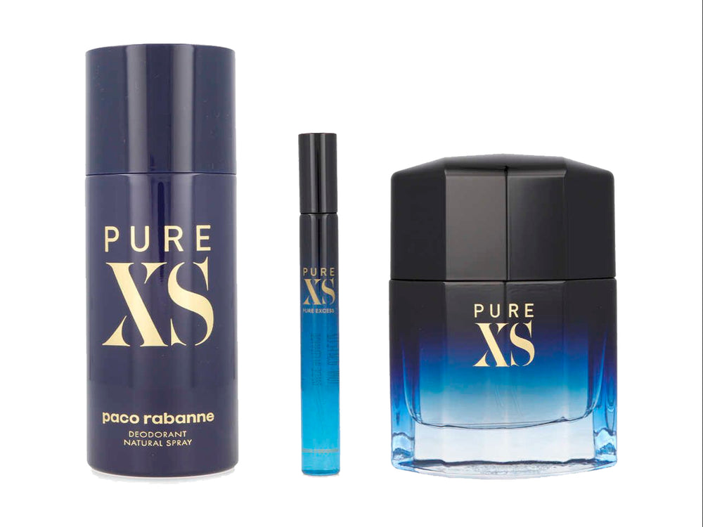 Set de perfume Paco Rabanne Pure XS en estuche azul marino con tres piezas: fragancia, desodorante y spray.