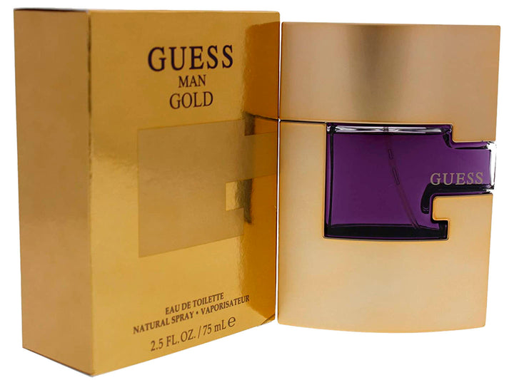 Perfume Guess Man Gold en botella y caja de color dorado con detalles en morado.