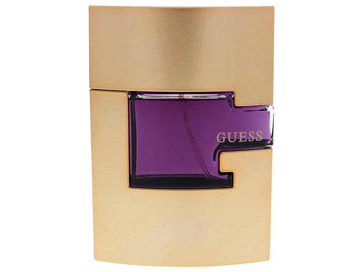 Perfume Guess Man Gold en botella y caja de color dorado con detalles en morado.