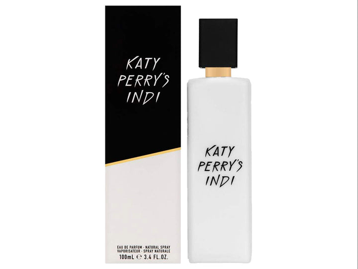 Frasco de perfume Katy Perry Indi de 3.4 oz con caja blanca y negra.