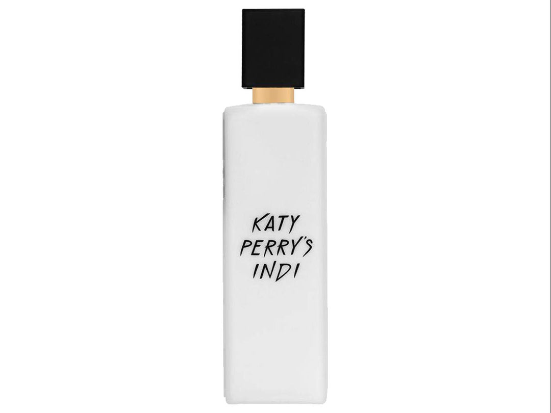 Frasco de perfume Katy Perry Indi de 3.4 oz con caja blanca y negra.