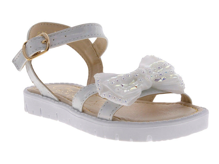 Sandalias blancas para niña con moño brillante y correa ajustable con hebilla.