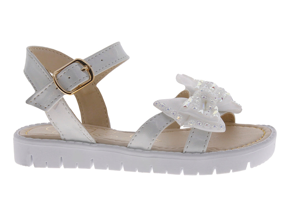 Sandalias blancas para niña con moño brillante y correa ajustable con hebilla.