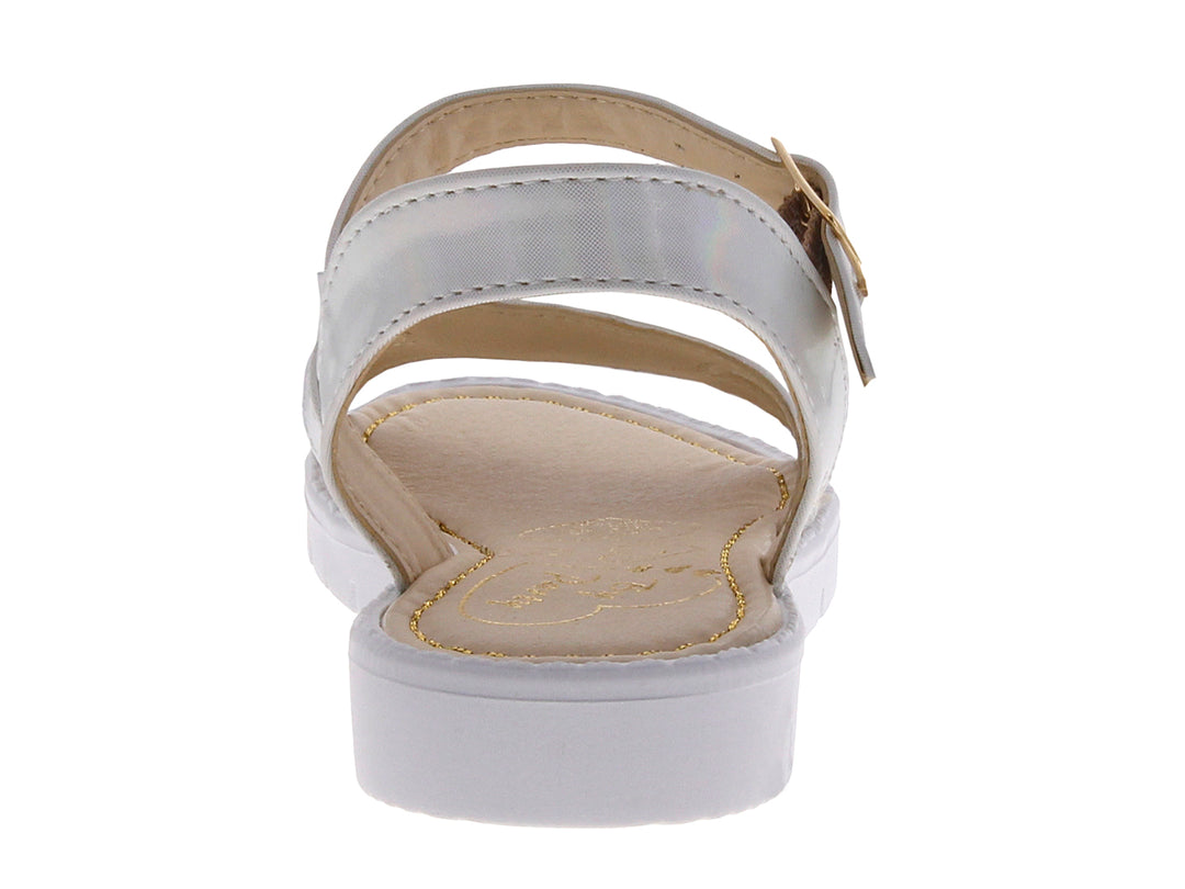 Sandalias blancas para niña con moño decorativo y acabado brillante.