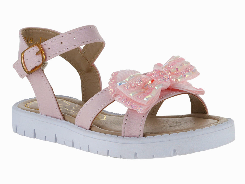 Sandalia infantil color rosa con moño brillante, hebilla dorada y suela blanca.