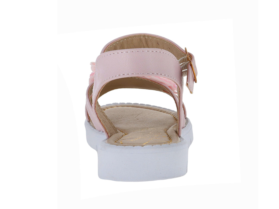 Sandalia infantil color rosa con moño brillante, hebilla dorada y suela blanca.