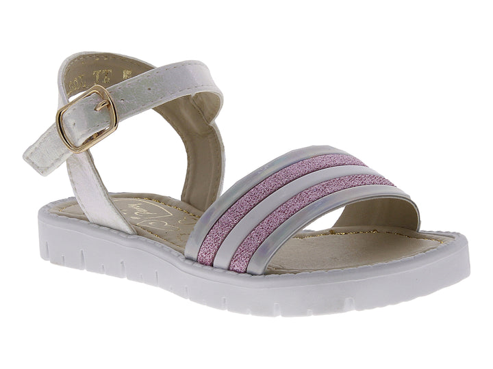Sandalias blancas para niña con tiras brillantes en rosa y hebilla dorada.