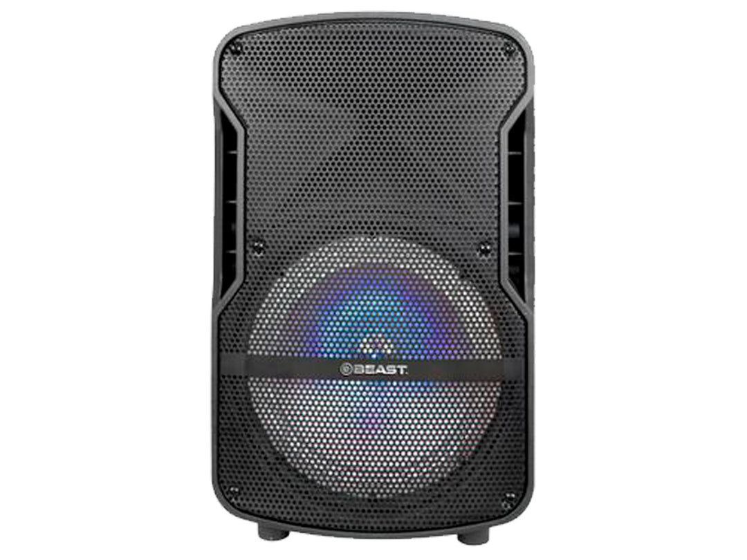 Bocina BEAST B15 de color negro con rejilla frontal y círculo de iluminación LED multicolor en el centro.