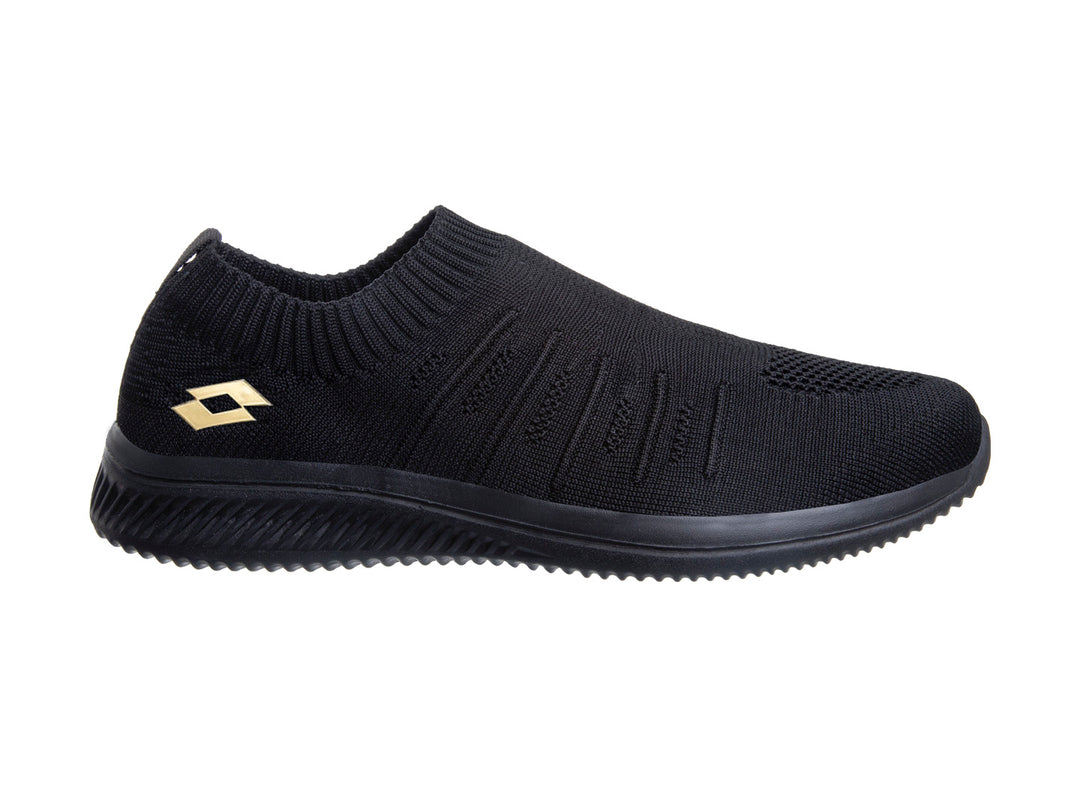 Tenis deportivos Lotto color negro, estilo slip-on sin cordones con suela texturizada.