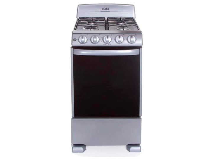 Estufa Mabe de 4 quemadores color plata con puerta de horno negra.